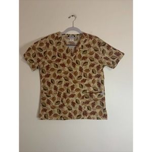 Best Brown Floral Leaf V-Neck Scrub Top Medical Uniform Small